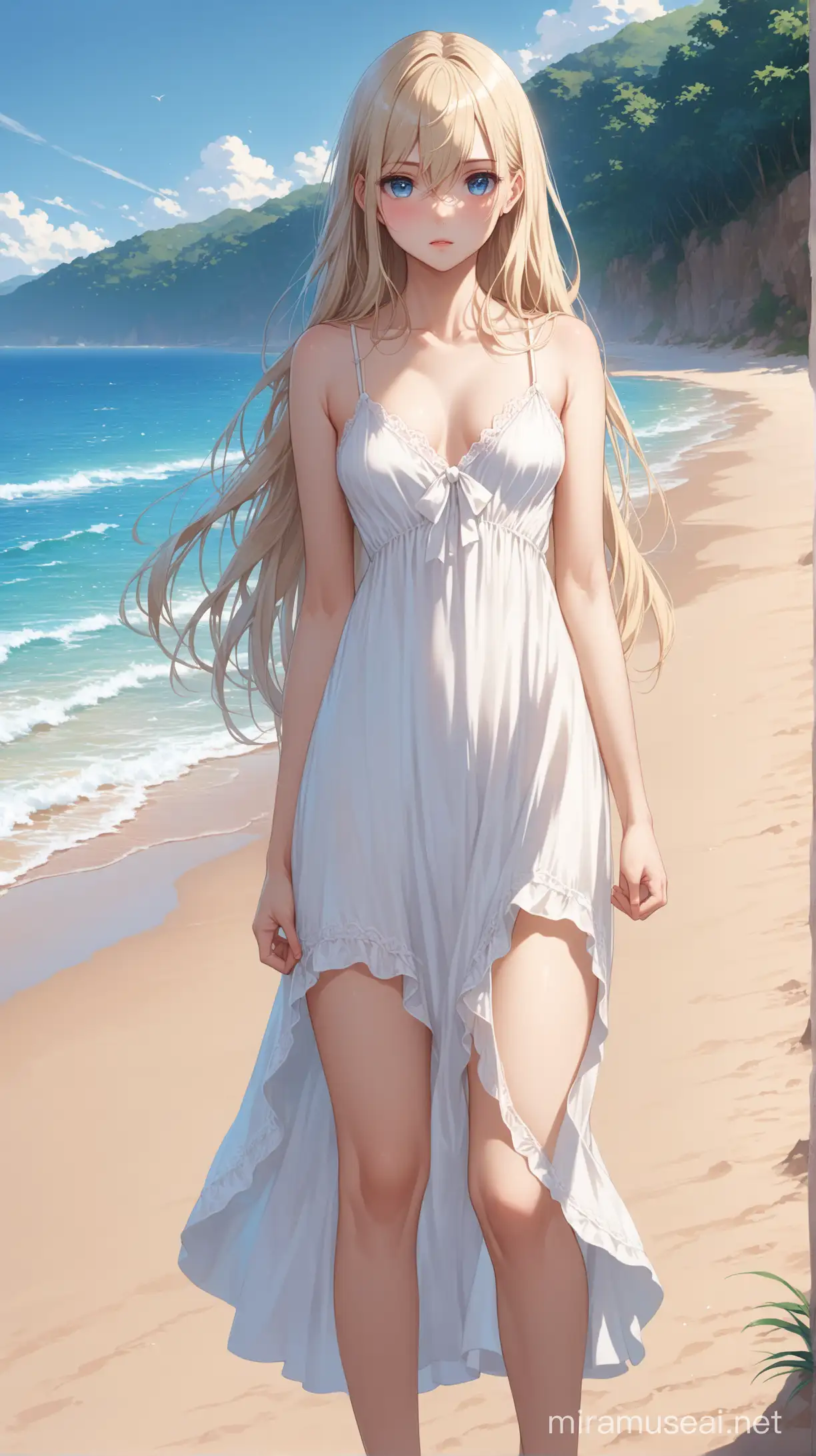 Aesthetic ((Kei Shirogane)), ((1girl)), ((straight long hair down)), ((hair between eyes)), ((blonde hair)), ((blue eyes)), ((best quality)), ((high quality)), ((high detailed eyes)), ((summer)), ((bare shoulders)), ((beach)), ((bare feet)), ((standing)), (long white dress with thin straps), (long legs) wide irises, ((cold expression)), ((medium close-up shot)), ((light erotic)), ((petite body)), ((stoic expression)), ((looking at viewer)), ((masterpiece)), ((perfect face)), ((cold expression)), ((16k)), ((hd)), ((high resolution)), ((best quality)), ((cute)), ((adorable)), (single), ((full body)), ((symmetrical face)), ((single)), ((detailed hands)), ((thighs)), ((emotionless)), ((slender body)), ((ultra detailed hair)), ((high details)), ((outdoors))