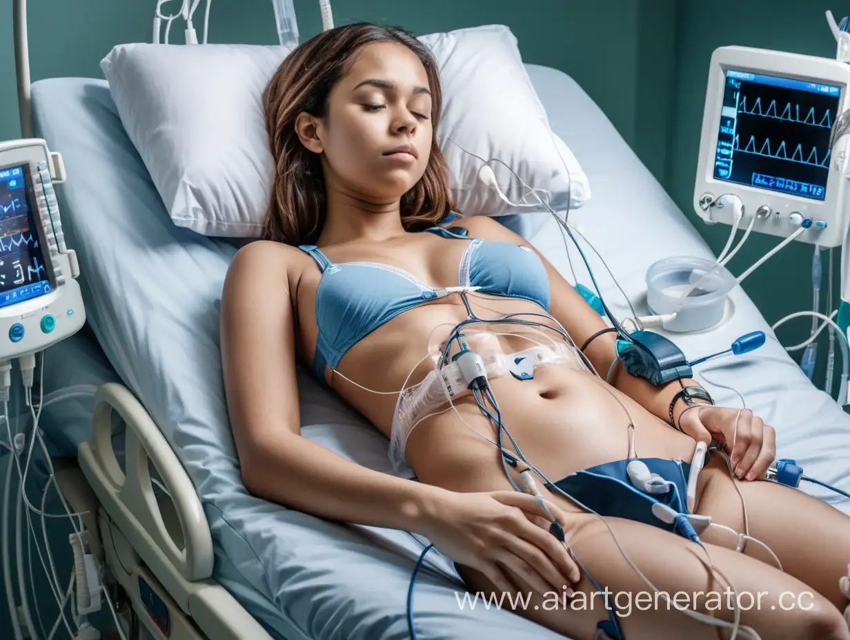 Young Adult woman lying in a medical bed. She is wearing a bra. She has a urinary catheter inserted into her bladder. EKG electrodes are connected to her chest to monitor her heart. She is connected to many medical devices with wires and tubes, including an EKG and a urinary catheter. The catheter is important, it is connected to a drainage bag.  She has a realistic body type.