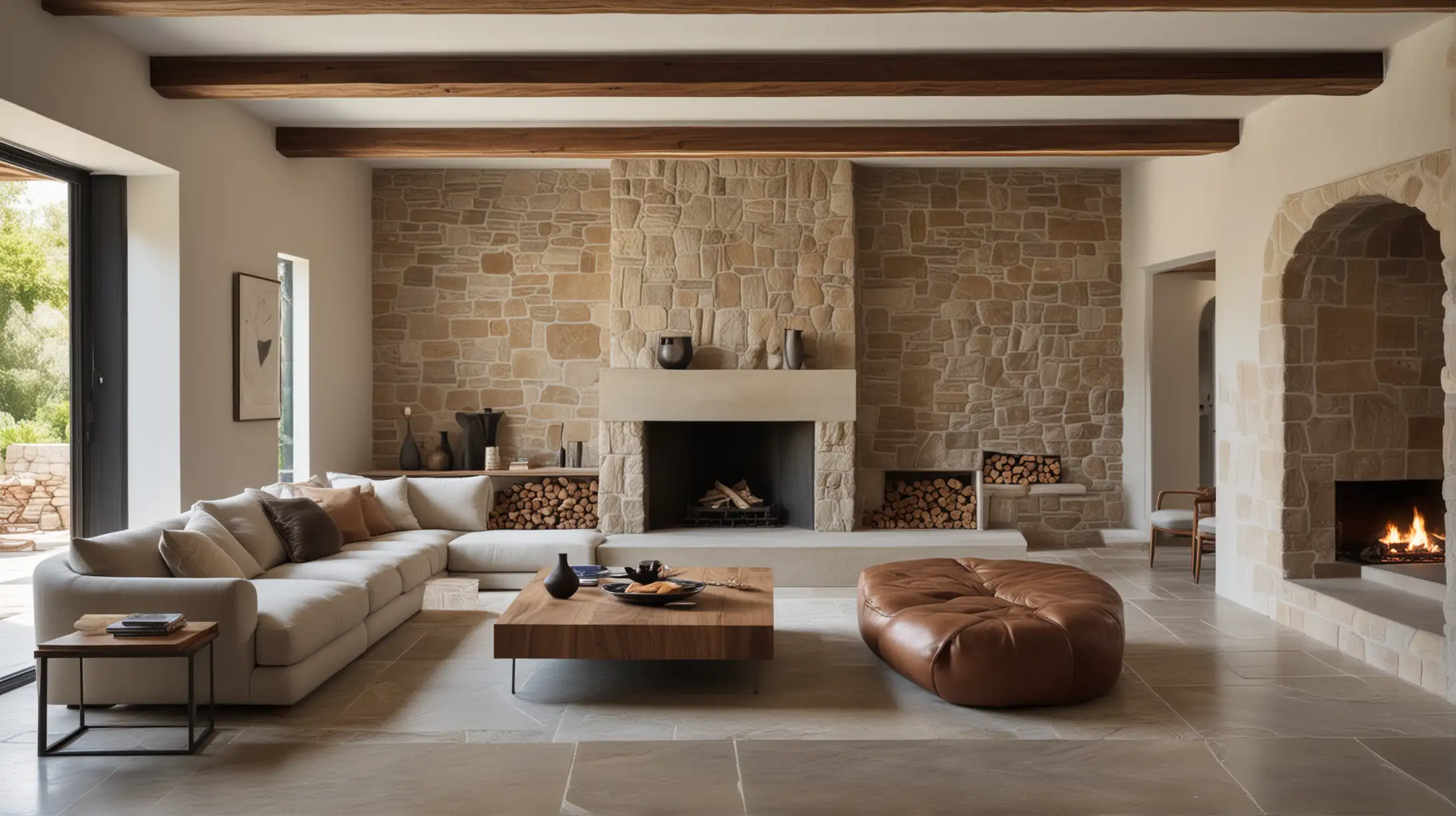 a large greek stone house lounge room that is moody and organic; walnut wood; large fireplace

