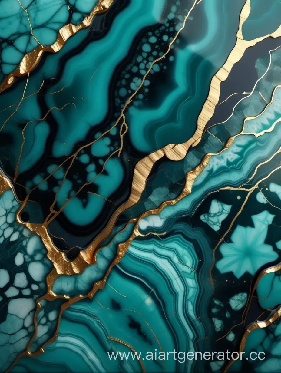 Teal green marble stone with gold vein. Vivid graphite texture geode wallpaper background.