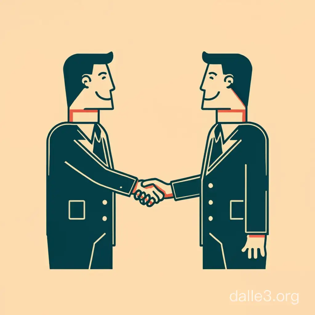 "Generate a professional and dynamic illustration depicting a handshake between two businessmen, symbolizing a moment of agreement and mutual respect. Envision the two figures standing facing each other, with their hands clasped firmly in a handshake gesture. Capture the confidence and determination in their expressions, as well as the sense of trust and camaraderie conveyed through the handshake. Use clean lines and sharp details to emphasize the formal attire and professionalism of the businessmen. Ensure that the background setting complements the scene, perhaps with subtle hints of a corporate environment or cityscape in the backdrop. Let the AI-generated illustration convey the significance of the handshake as a symbol of partnership, collaboration, and shared goals in the world of business."