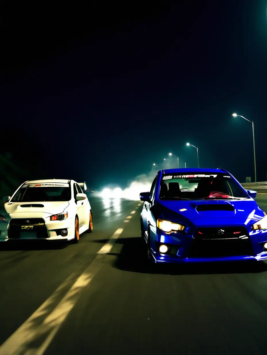 subaru wrx sti vs mitsubishi lancer evo x drifting while racing at the highway at night like cinamatic footage