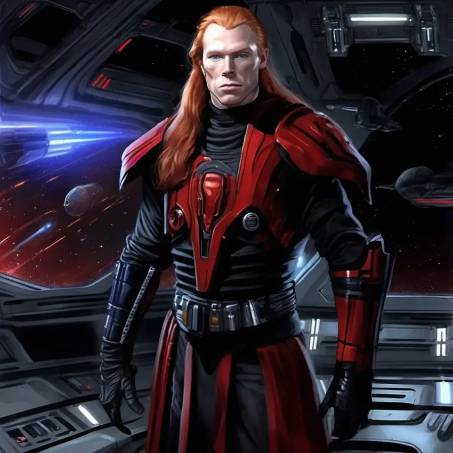 handsome man, very long ginger hair, Sith Sorcerer, red black Sith armor, metal face gear, spaceship interior, Star Wars art