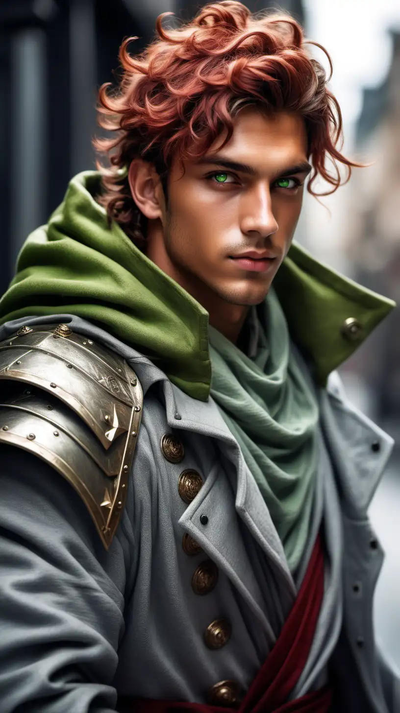 Fantasy style young handsome boy,  tanned skin, green eyes, long red wavy hairy a messy bun, wearing gray armored long coat