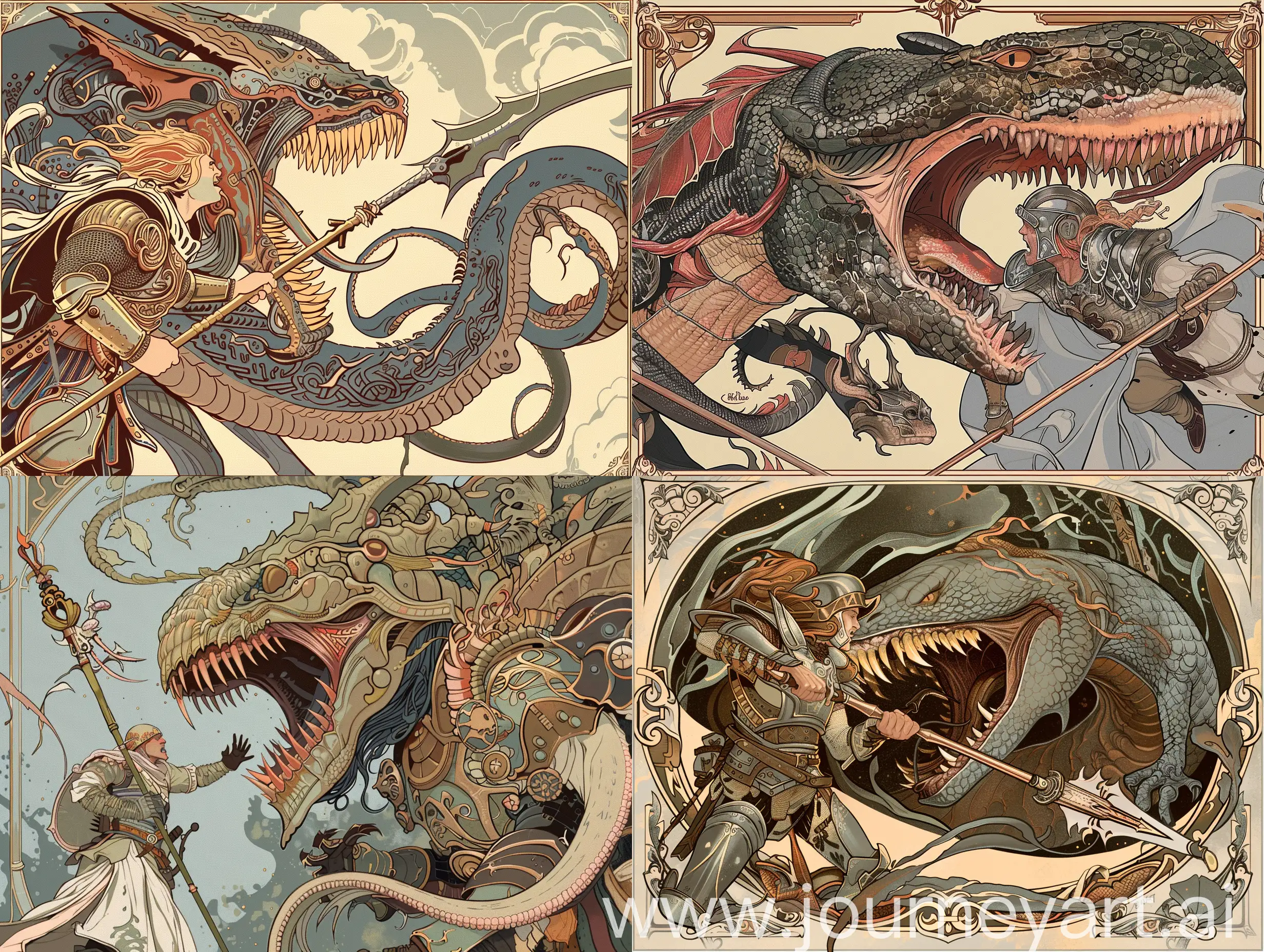 Epic-Battle-of-a-Warrior-Against-a-Monstrous-Serpent-Art-Nouveau-Illustration