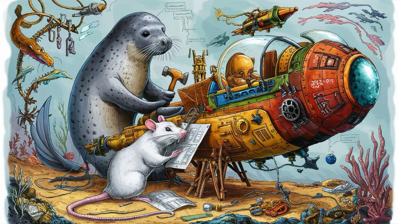seal and white decorative rat building a spaceship