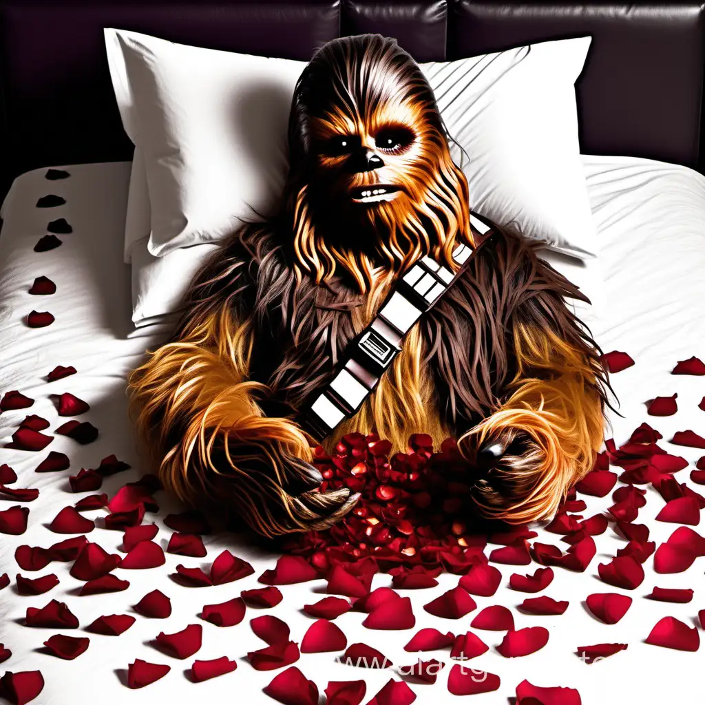 Сгенерируй романтичный Чуи из звездных воин лежит в кровати с лепестками роз на руке которого перчатка натянута до локтя