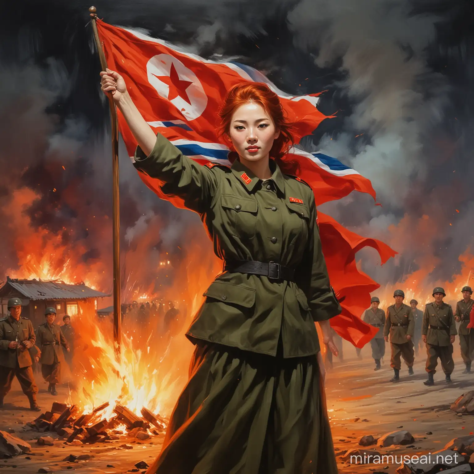 Peinture impressionniste femme rousse en tenue de soldats nord coréen , agitant un drapeau rouge, un village en flamme la nuit