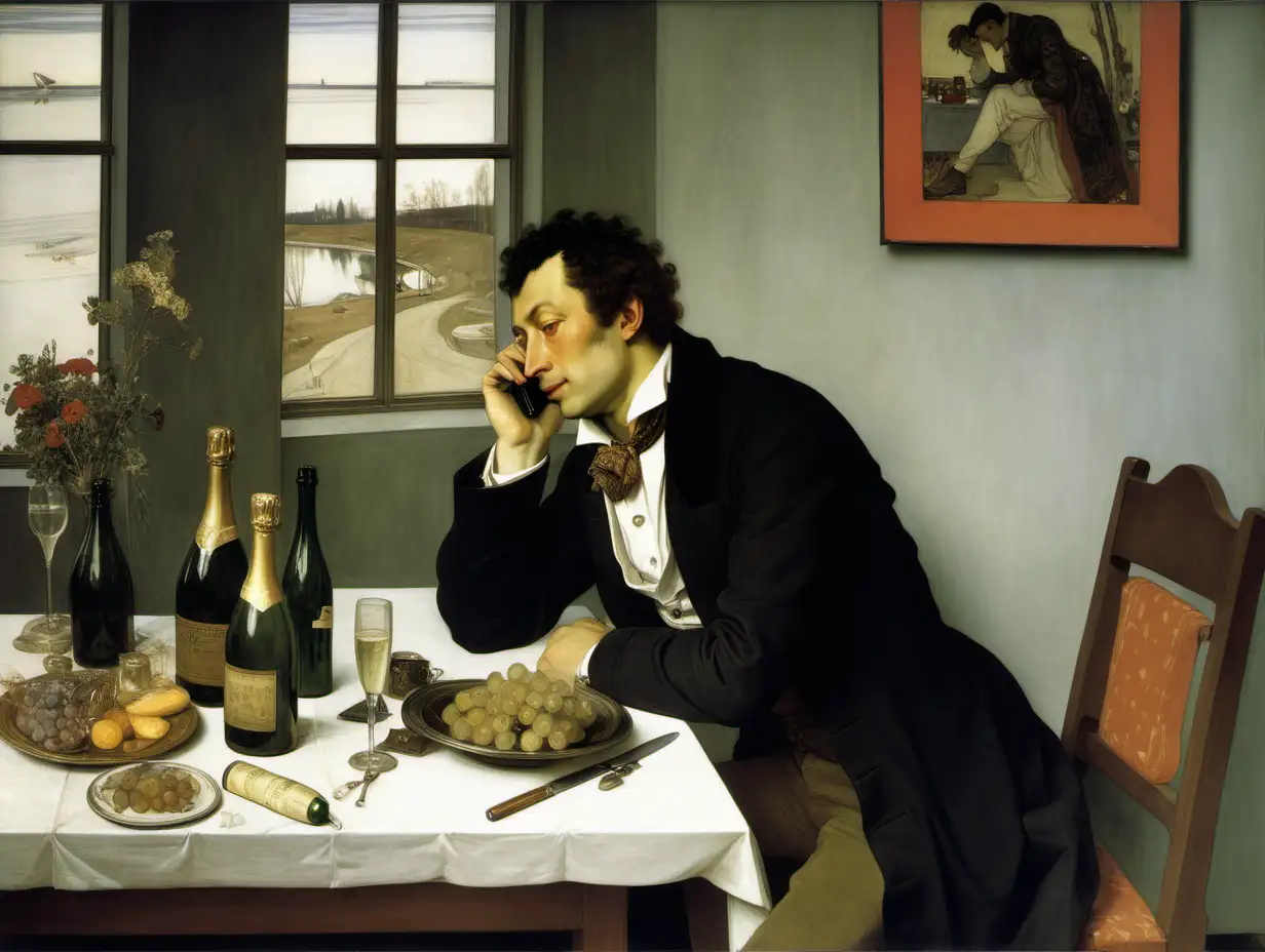style by Vasnetsov, A. S. Pushkin the Russian poet is talking on a mobile phone sitting at a table on a table bottles of champagne everywhere