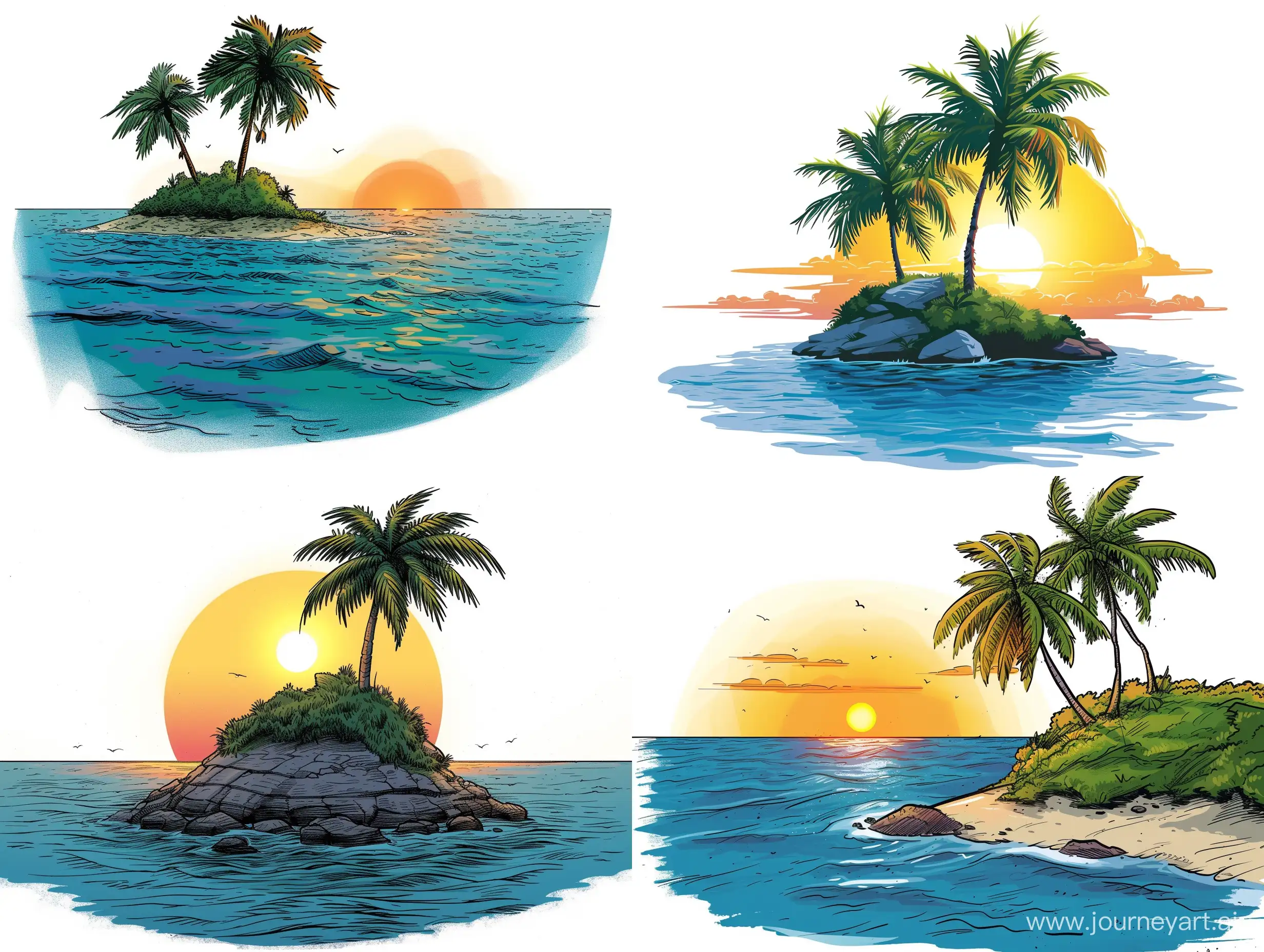 Tropical-Sunrise-on-a-Small-Island-Vibrant-Comic-Book-Style-Art-with-Coconut-Palms
