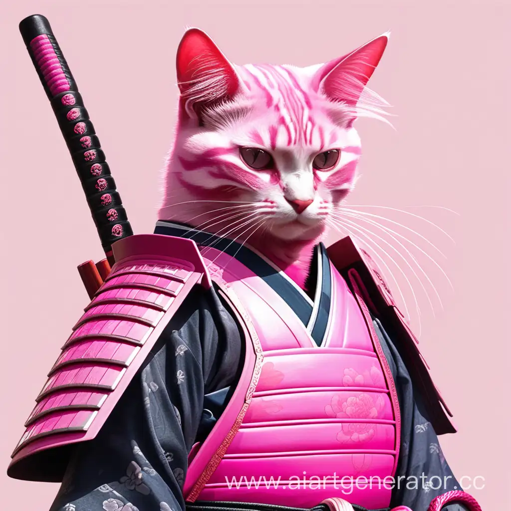 Pink-Cat-Samurai-in-Cherry-Blossom-Garden
