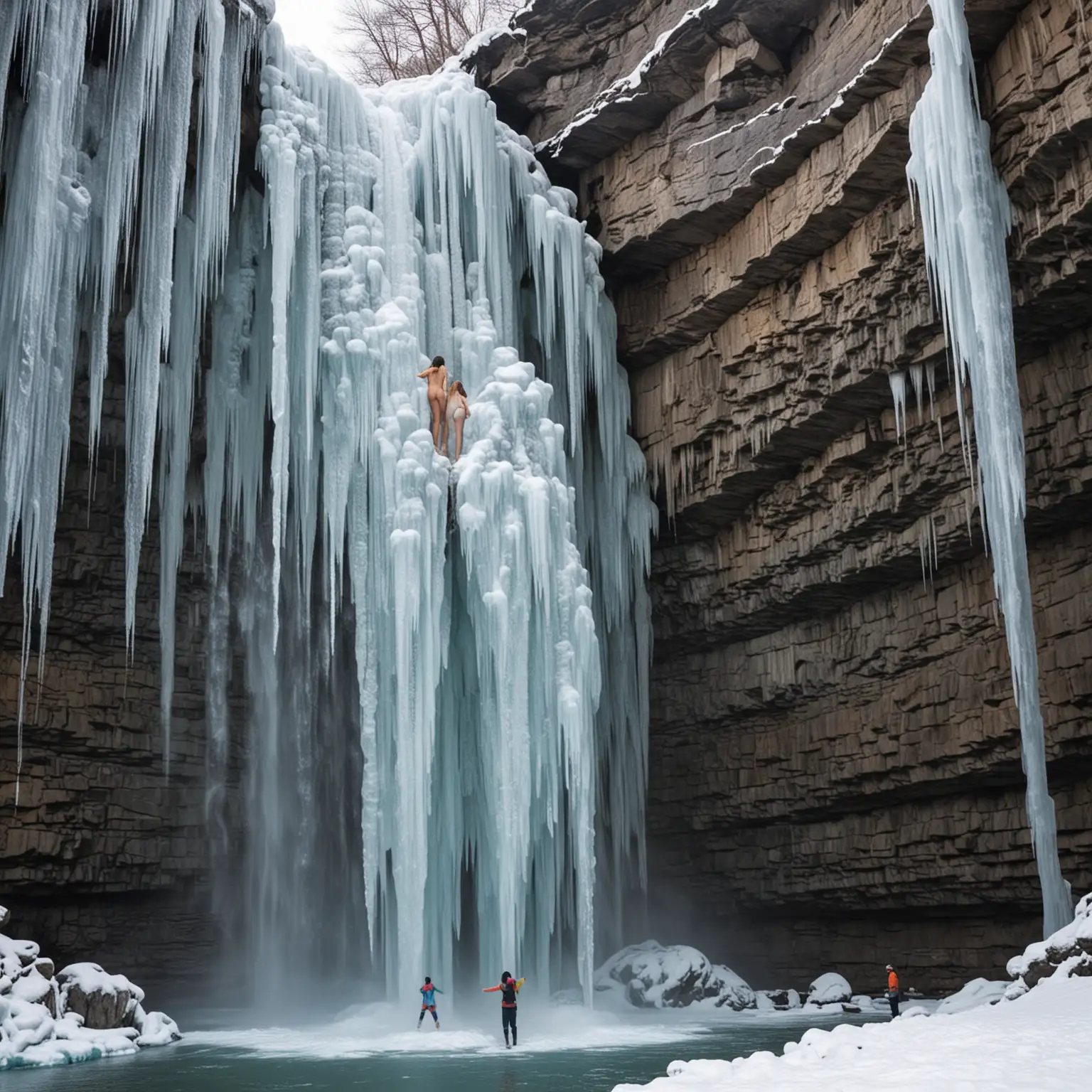 Frozen Waterfall Sculpture Man Carrying Girl on Shoulders