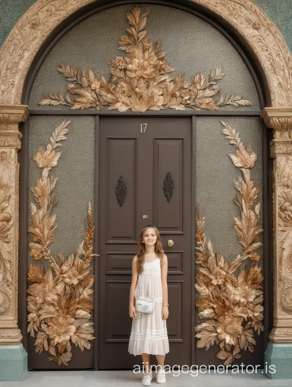 A beautiful girl stands in front of a large decorated door