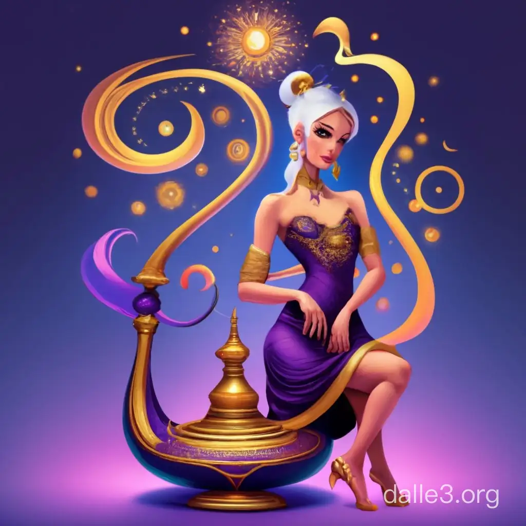 /imagine a purple sleek and magical lamp genie. remove lamp. Add subtle sparkles for enchantment. Use jewel tones (deep purples, blues, gold). Keep it clean, scalable, and modern.