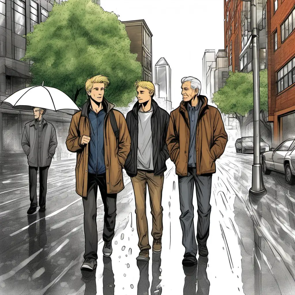 Draw a picture of 2 young male adults walking through the rainy streets of Seattle with a slightly older gentleman.  One young adult is blonde, the other young adult has brown hair, and the older gentleman has black and grey hair.