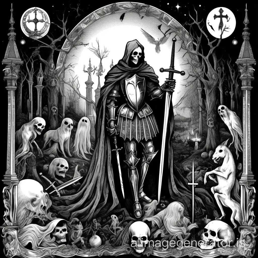 Lithography, black and white, tarot card, symbology. In the night, creatures, ghosts, the knight and his sword. Death.