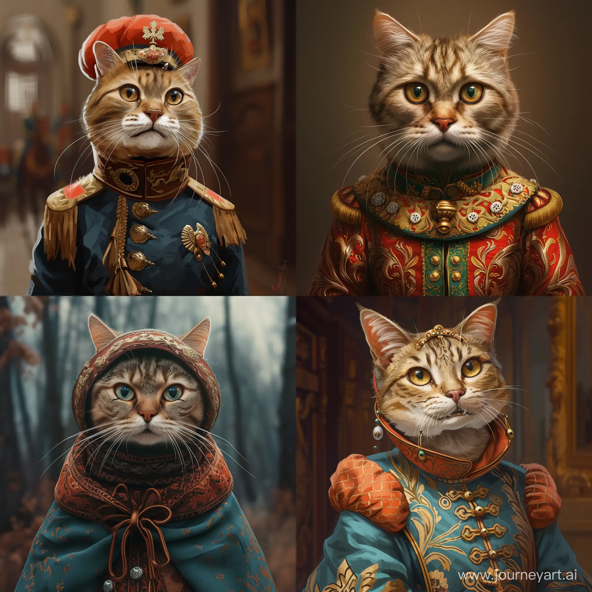 a cat in an old Russian costume with a contented muzzle of a cartoon appearance , 2D in full growth is not realistic