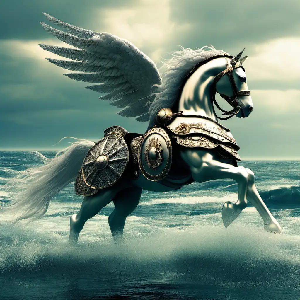 Majestic Pegasus in Enchanted Armor Soaring Over the Mystical Sea