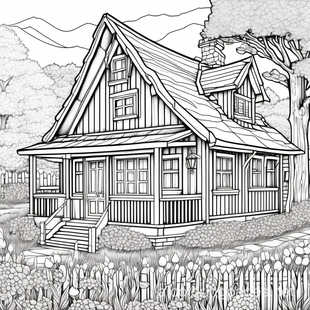 Coloring book artistic image of 2d drawing, ink lines,sketch style,line art very detailed,high resolution,object in the center,on white background,country wooden cottage,with flowers surrounding, Coloring Page, black and white, line art, white background, Simplicity, Ample White Space. The background of the coloring page is plain white to make it easy for young children to color within the lines. The outlines of all the subjects are easy to distinguish, making it simple for kids to color without too much difficulty