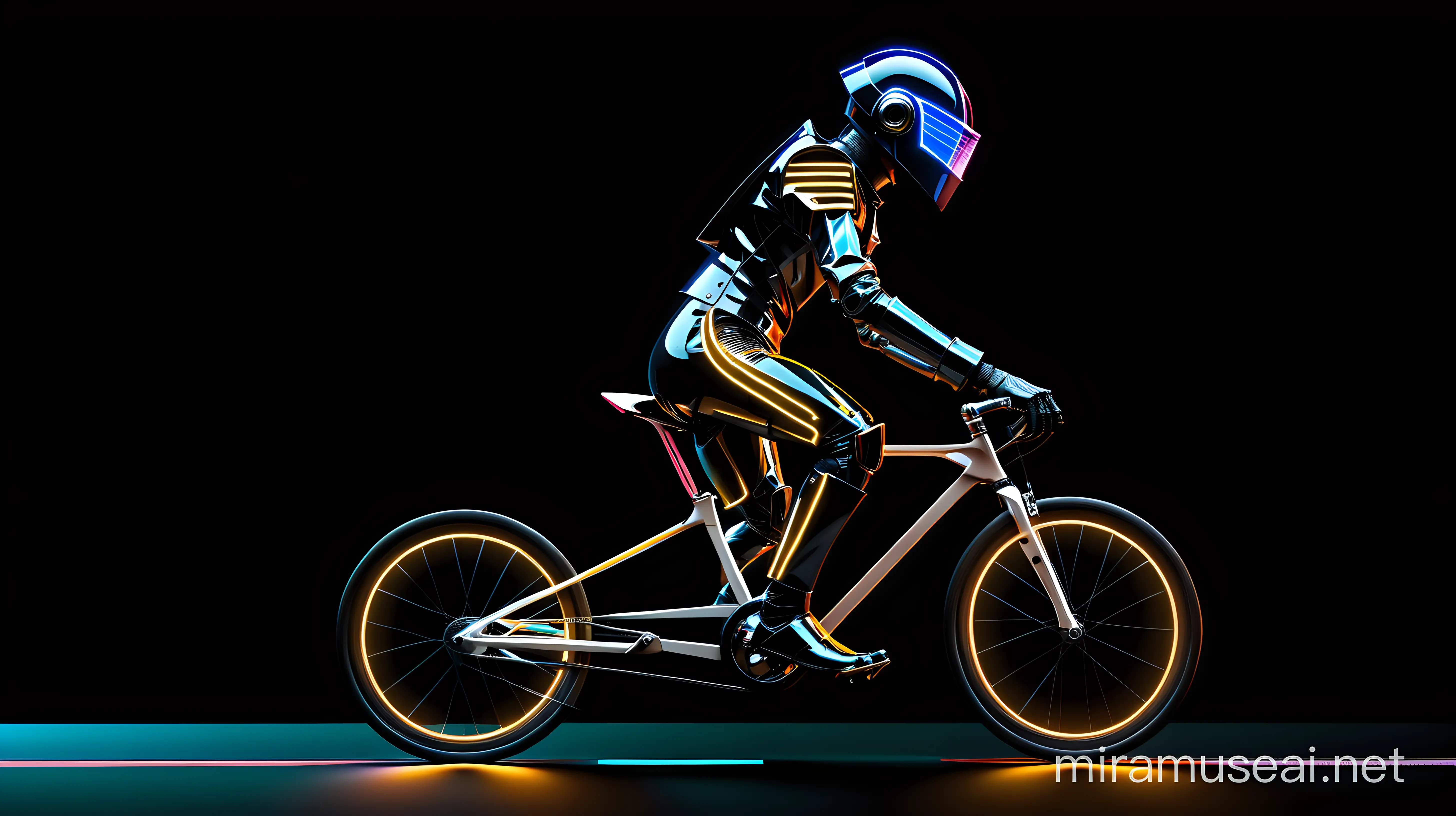 A very fast futuristic track cyclist dressed as a daft punk robot with neon lines against a black background, he is cycling very fast, side on shot show the whole bicycle and person in the shot 