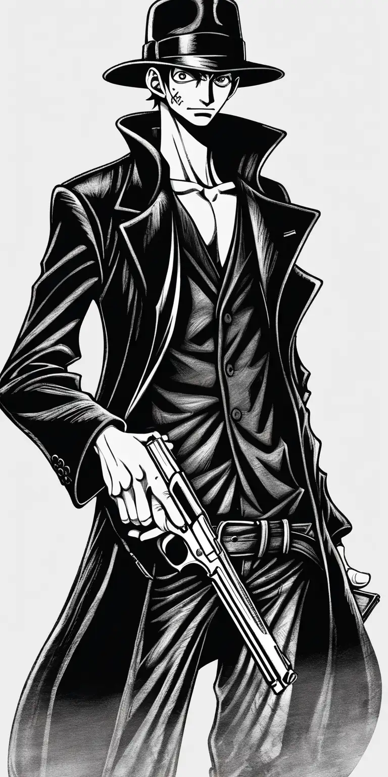 a skinny mafia member who wears black coat and a hat, a pistol in his hand, one piece drawing style.