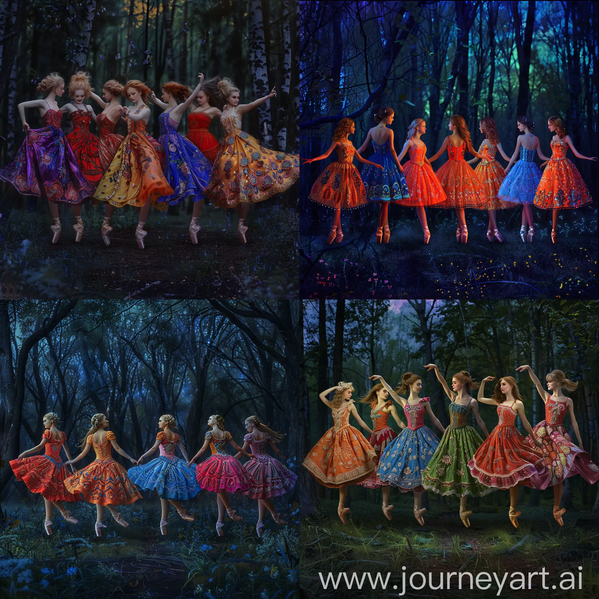 Eight very beautiful girls with a body like Jodie Gasson !!!! dressed in bright dresses with embroidery in the form of patterns!!!!!!! dancing ballet against the background of the night forest!!!!!!! surrealism in photography, ((masterpiece)), ((best quality)), high detail, highest detail, ah high_Detail, color, beautiful, HDR, Photorealistic
