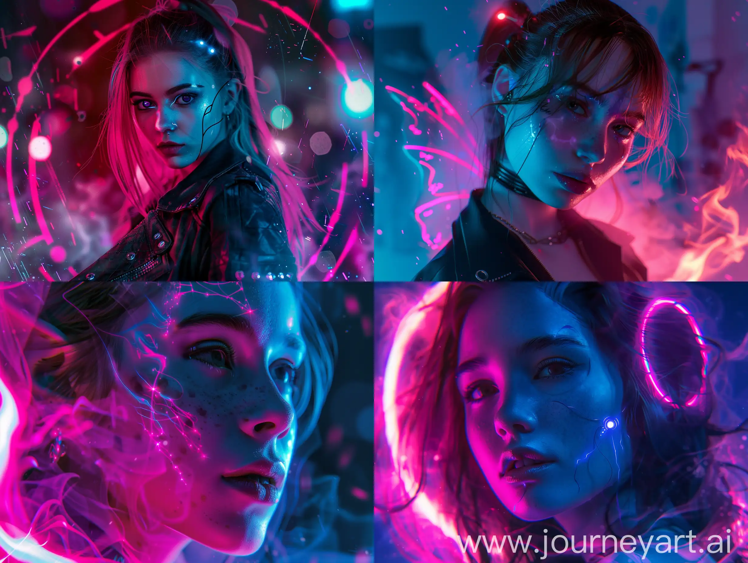 woman, 1girl, beautiful, darkness, potrait,  with subtle pink and blue gradients, realistic, high detail, attractive, fit, pretty face, cyberpunk fantasy, futuristic fairy psychedelic tale, robotic lasers fairy dancing rave in an neon incandescent flame, moonlight enveloping attire tech-punk mech-punk cityscape