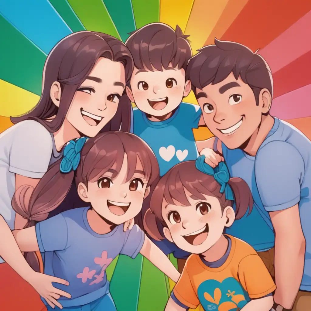 family siblings parents together cover colors play smile