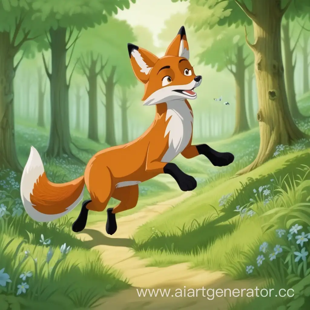 a fox runs in the green forest, a dog runs after the fox in the green forest