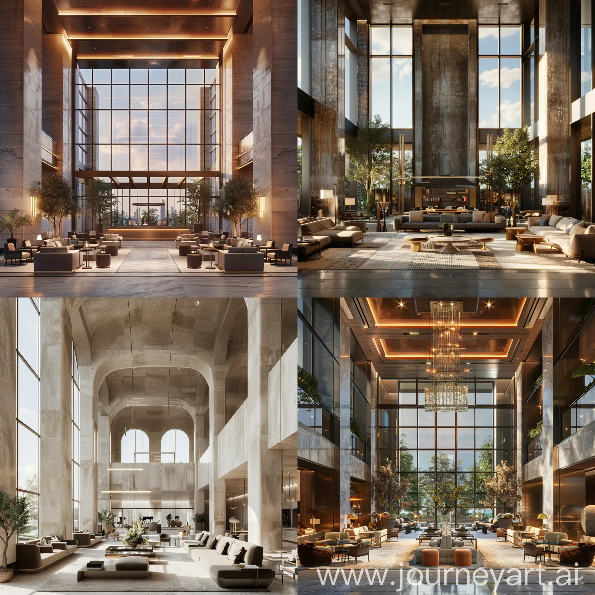 Neo-cosmic hotel lobby, double length floor to celling windows, high celings, inspiared by central park penthouse arcitecture