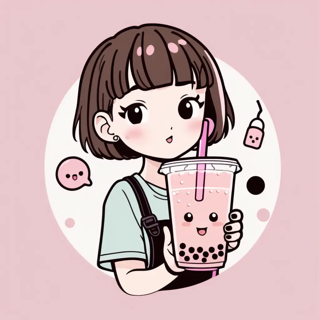 bubble tea logo with light pink cartoonist back ground. With a short hair girl holding.