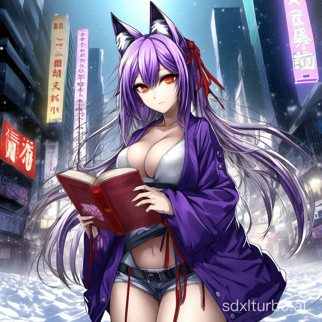 best quality, masterpiece,best quality,official art,extremely detailed CG unity 8k wallpaper, snow, in the cyberpunk city, night, highres, cityscape, girl, ojousama, gyaru, long hair, light purple hair, alternate hair color, ahoge, hair over one eye, skull hair ornament, heterochromia, fox_ears, hair ear, seductive smile, purple eyes, red eyes, eyes visible through hair, huge breasts, between breasts, japanese_clothes, bare legs, bandaid on leg, leg tattoo, shoes, holding book, tying hair, finger_gun,