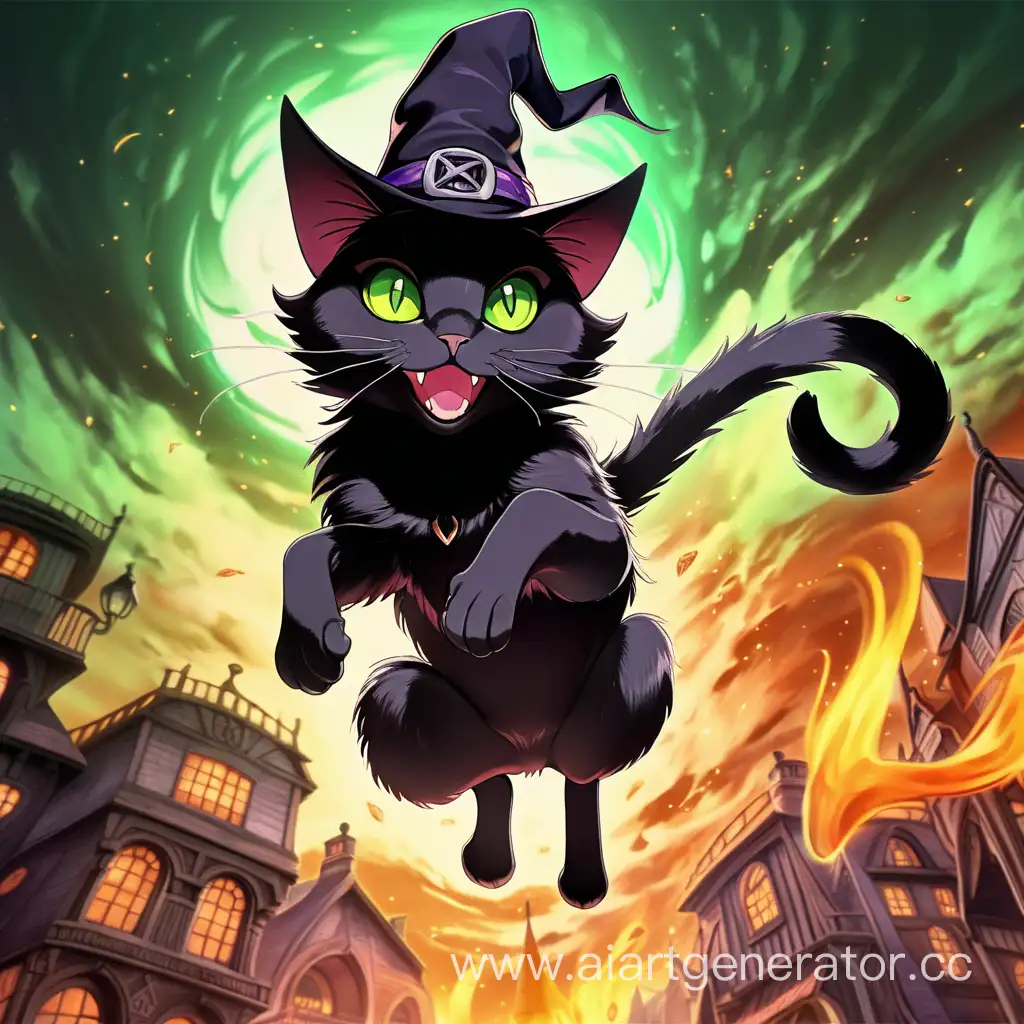 черный кот с ведьминой шляпой и зелеными глазами прыгает аниме арт огненный фон