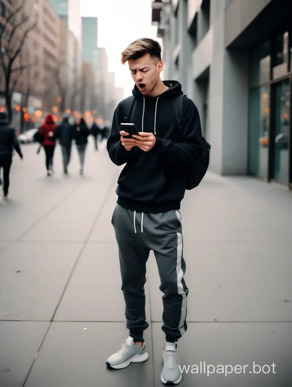 a young man looking completely stupid, mouth open, dressed in jogging pants without trousers, looks at his brand new cell phone. He stands on the sidewalk in a big city, atmosphere of derision