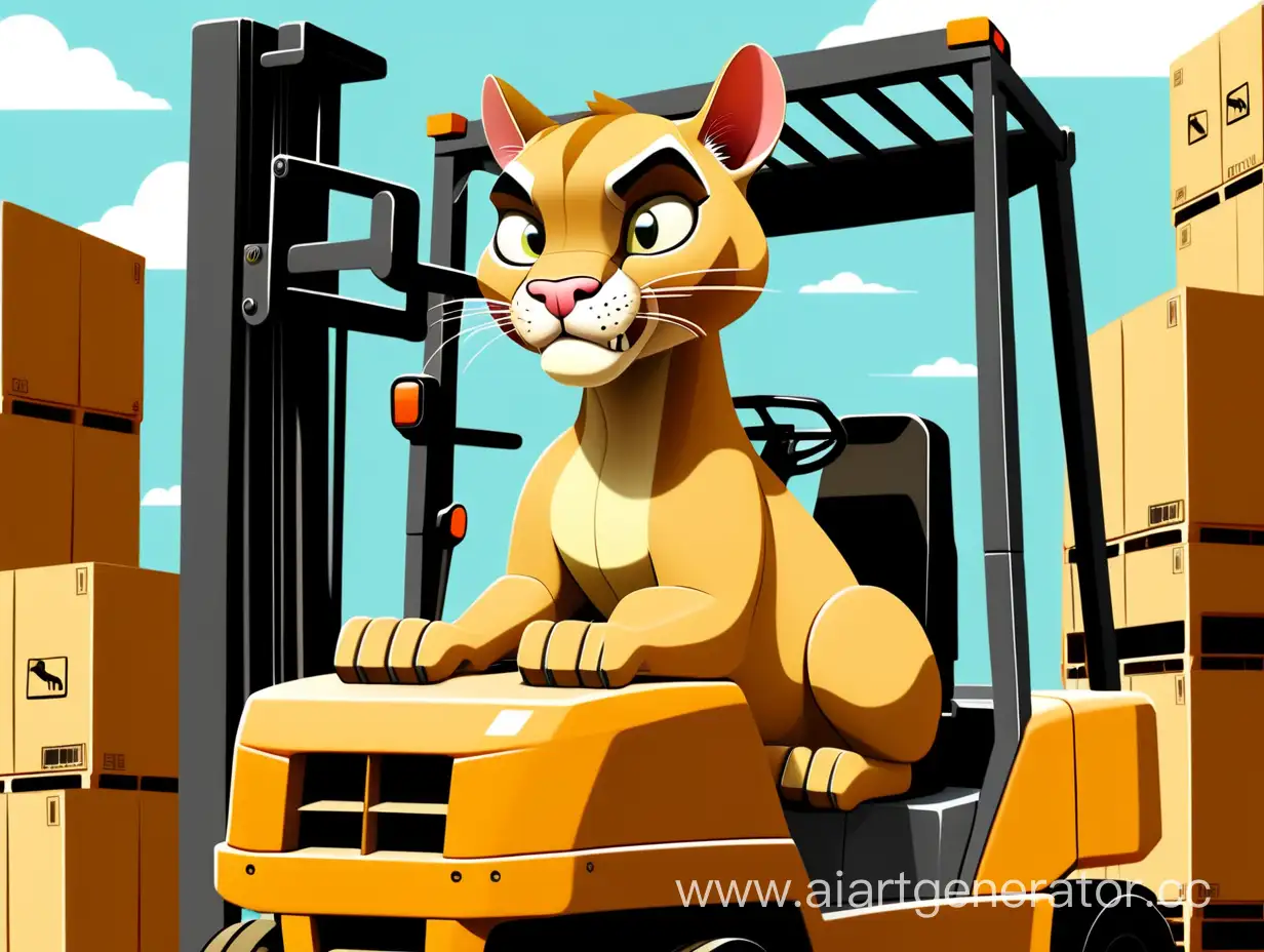 Un puma conduisant  un forklift , cartoon style 