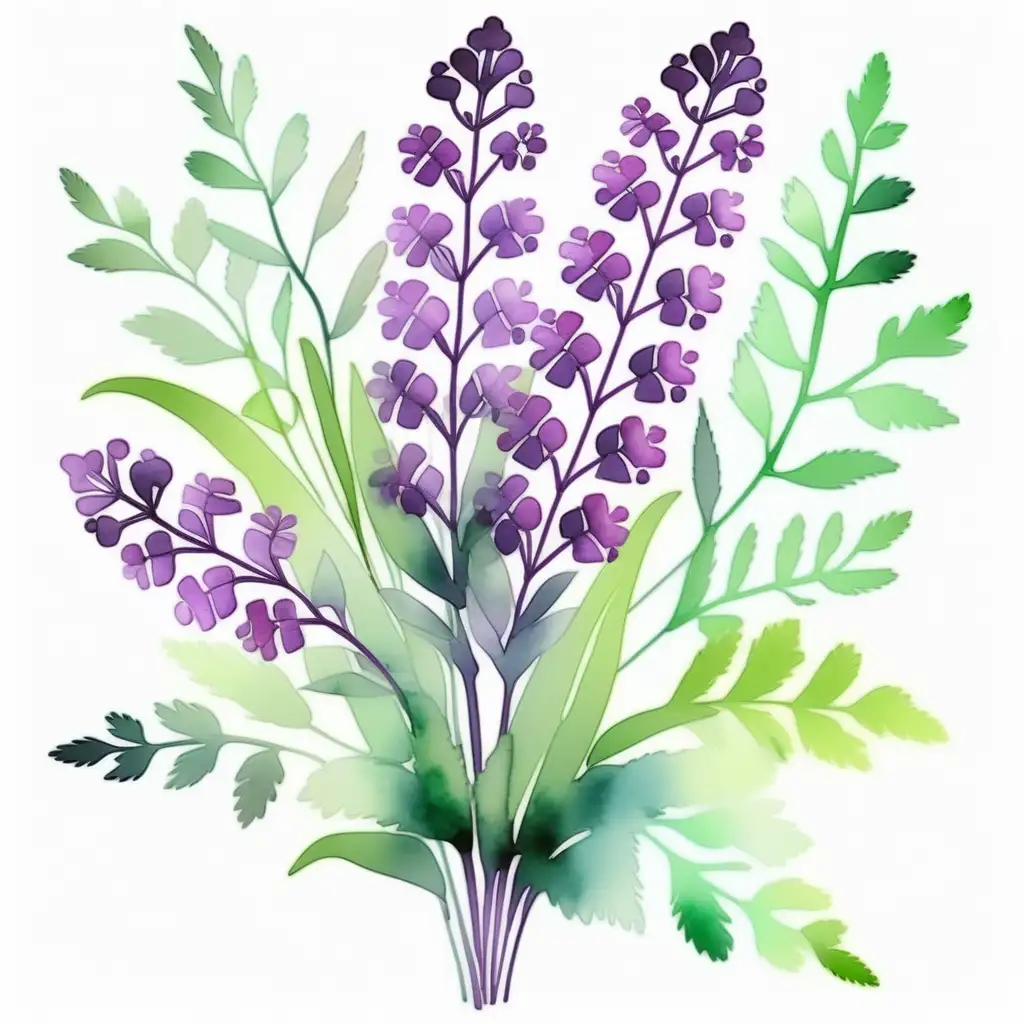 please create the image of a bouquet
 of purple verveine in a watercolor style with fresh green leaves
