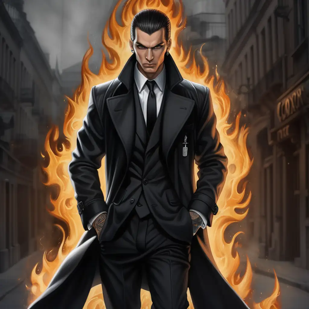 Luc exudes an aura of suave charisma, reminiscent of a noir detective with a devilish twist. He wears a tailored black trench coat over a crisp white shirt and black tie. His hair is slicked back, and his piercing eyes radiate an otherworldly glow. Intricate tattoos of flames and demonic symbols adorn his arms, visible beneath rolled-up sleeves. He carries himself with a confident swagger, always ready for action.