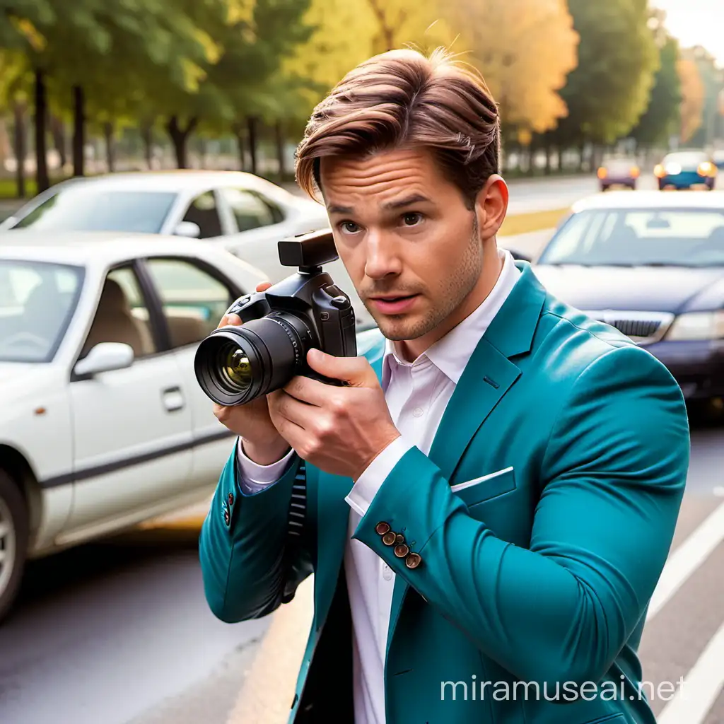 american actor jake  as a news reporter filming a car accident