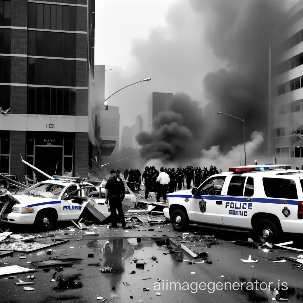 News Photography of the aftermath of a bombing at a police department building. The scene is marked by devastation and grief, with shattered windows and debris scattered across the area. Emergency vehicles line the streets, their sirens wailing in the background.