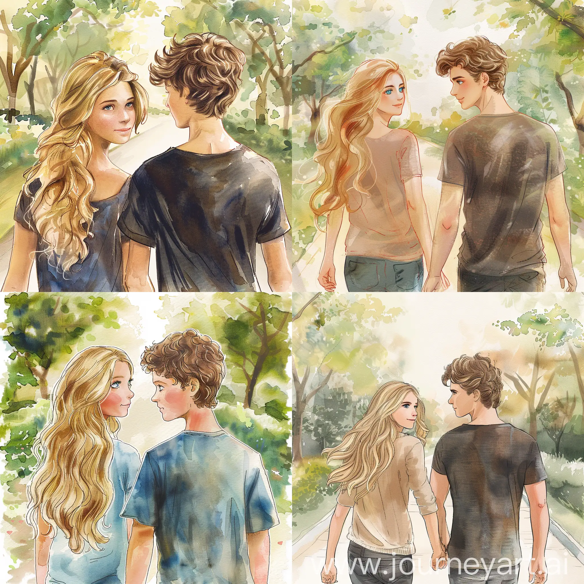 A cute woman and handsome man walk down a lane in a park, backs to the camera, full body. Woman has long blonde hair, blue eyes. Man has wavy dark brown short hair, brown eyes. Childrens book style, full body view watercolor clipart, full illustration, 4k, sharp focus, smooth soft skin, symmetrical, soft lighting.