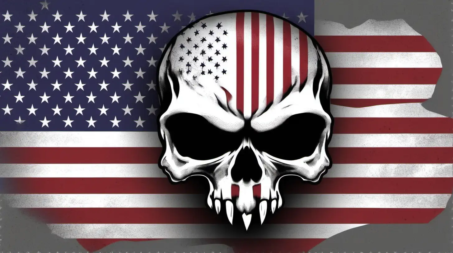 Grey Skull on American Flag Background in the USA