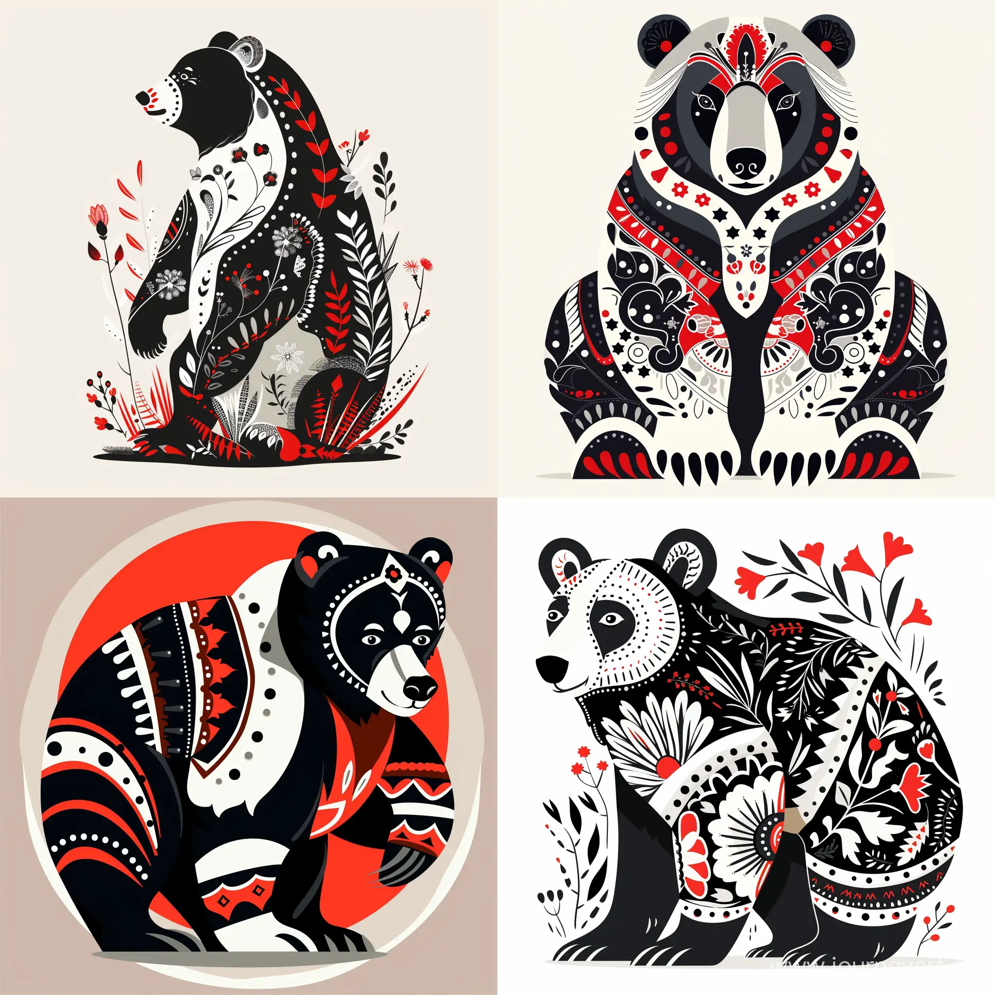 Минималистичноя векторная Иллюстрация  Медведя будущего в русско народном стиле для футболки, с цветами черный, белый, красный в плоском стиле без объема