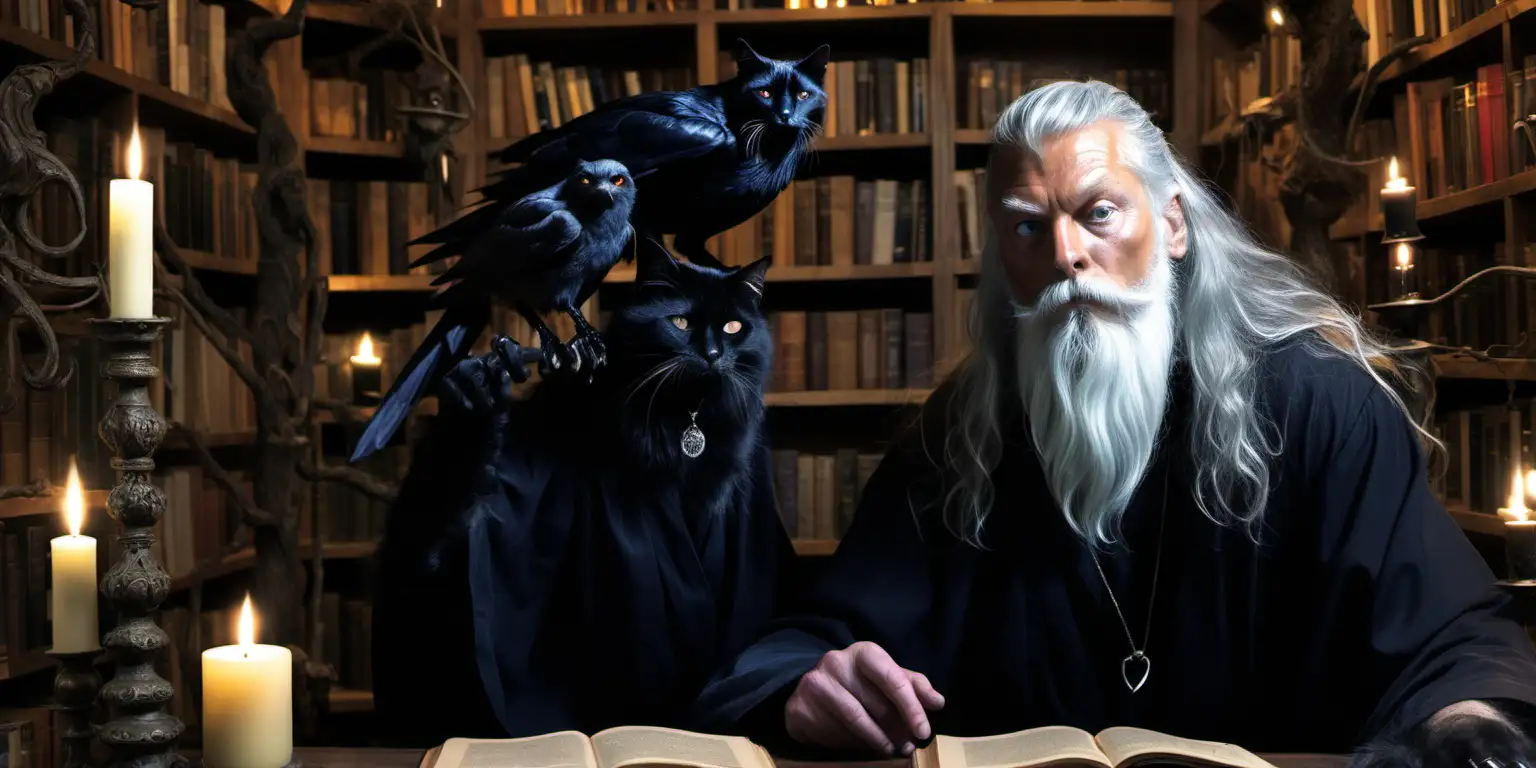 sorcerer, he has a silver beard, he is sitting at  the table, he is dressed in a black robe , he has long silver hair & a beard, he is magical, there is a round mirror on the table. Two ravens are sitting on the sorcerers shoulders. There is a library of ancient book, a chandelierr with candles, there is a black cat, there is a ginger cat 