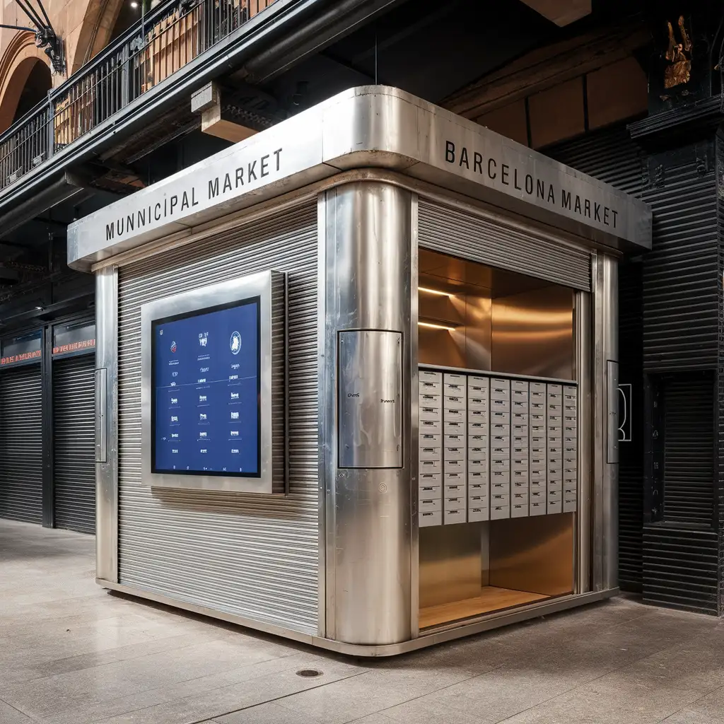 un espacio adherido al costado del mercado municipal de Barcelona. El espacio tiene el estilo arquitectónico del mercado metalico. Por fuera parece una caja totalemente cerrada. La fachada tiene una pantalla táctil grande y varios espacios tipo buzon.