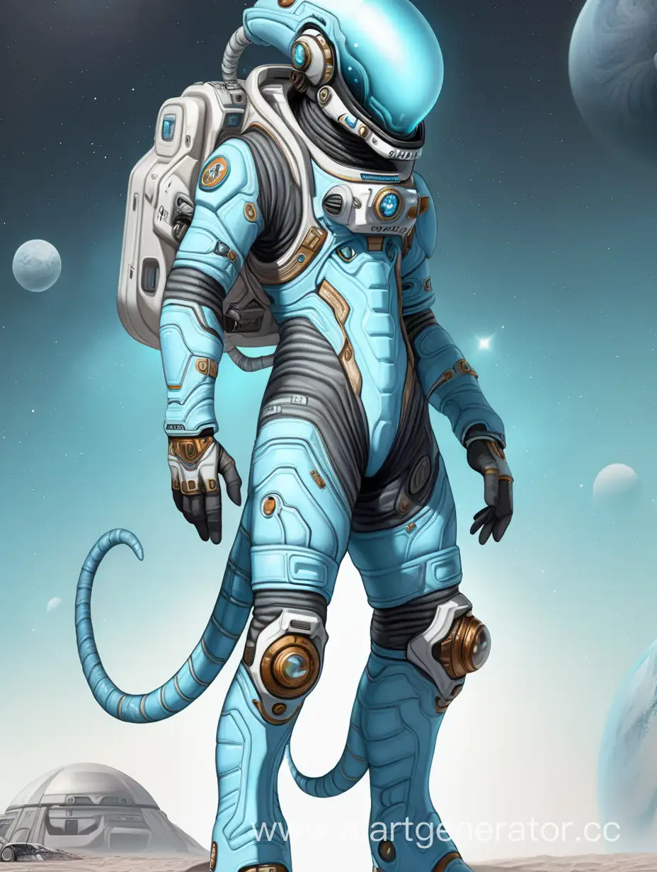 Spacepunk space suits, taur alien, pale blue skin, male character 