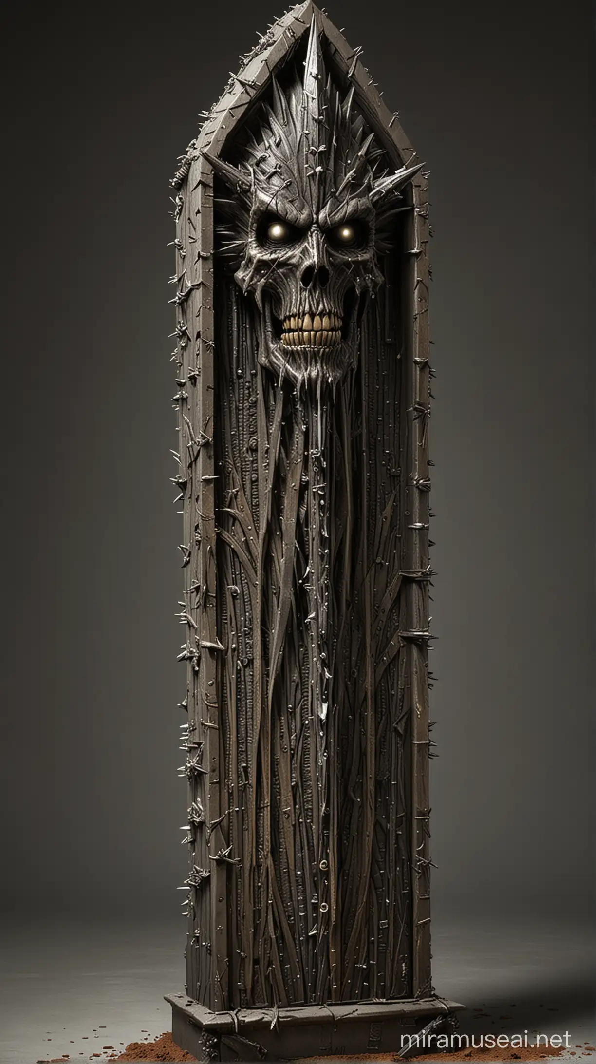 Create an image depicting a tall coffin-like structure covered in sharp spikes on the inside, known as the Iron Maiden.

