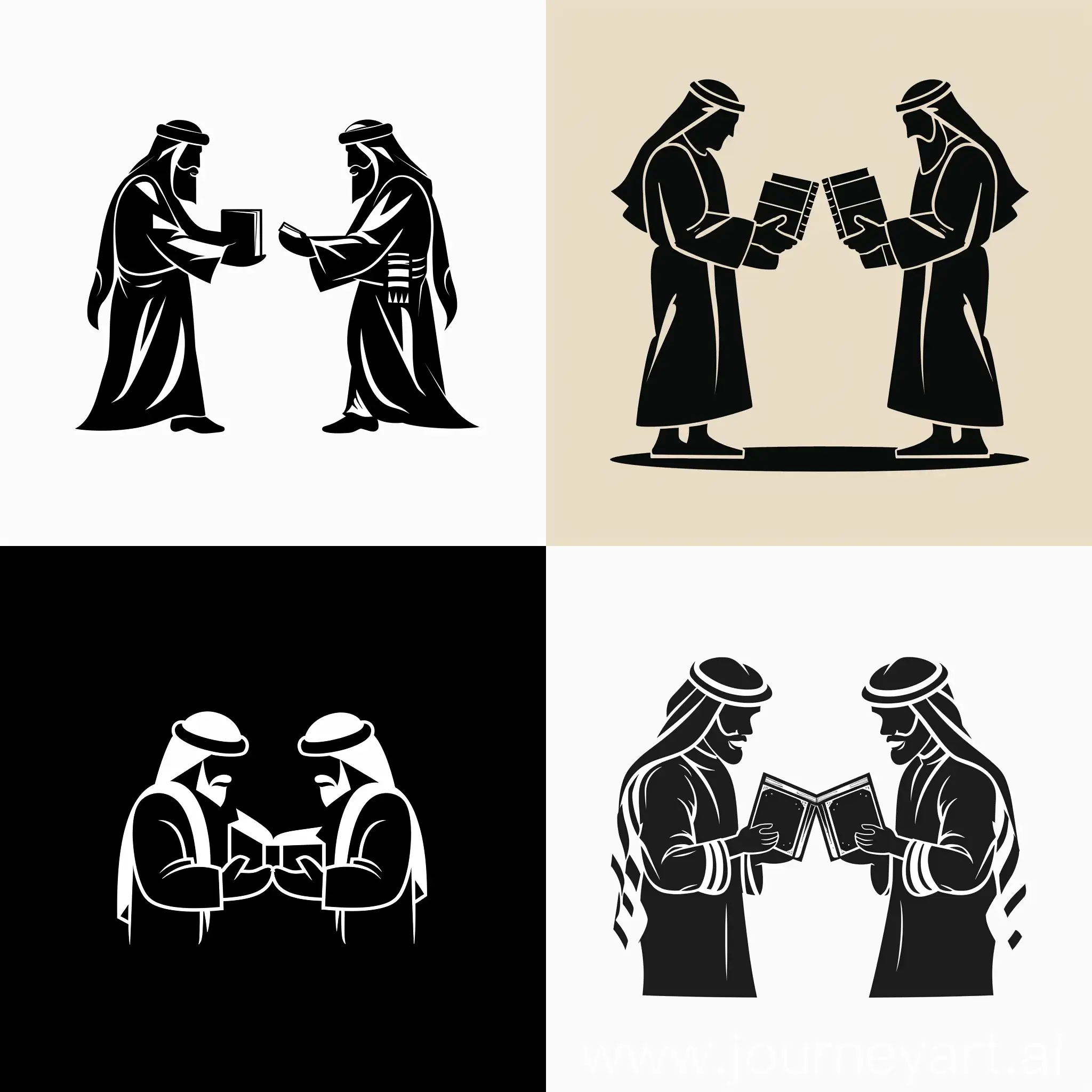 a logo of 2 bedouins men exchanging books, make them full black and no background