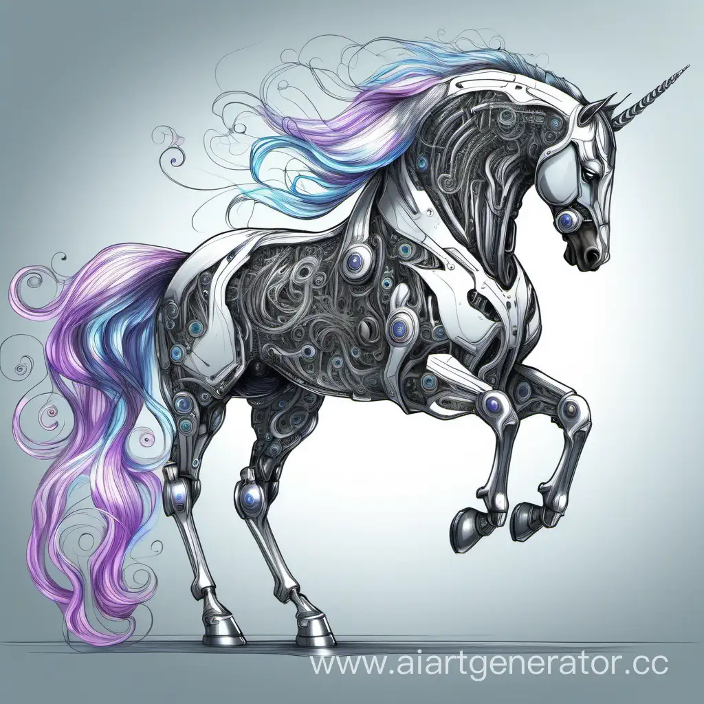 Красивая, нарисованная лошадь - киборг - единорог, волшебная, в полный рост 
