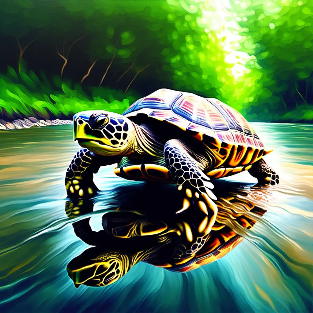 Tranquil River Scene with Majestic Turtle in Oil Paint Style
