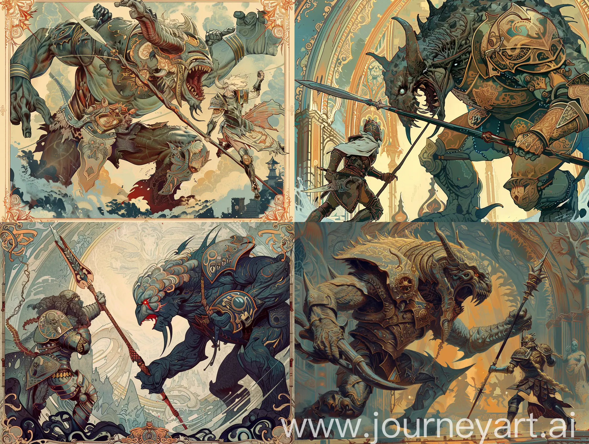 Epic-Battle-Warrior-Confronting-TwoHeaded-Monster-in-Art-Nouveau-Style